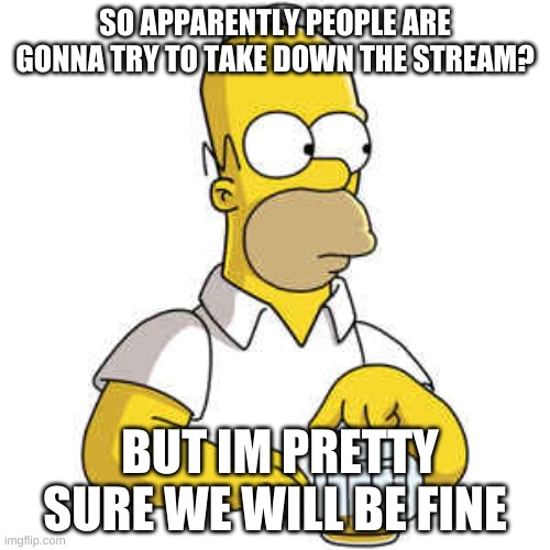 yes | SO APPARENTLY PEOPLE ARE GONNA TRY TO TAKE DOWN THE STREAM? BUT IM PRETTY SURE WE WILL BE FINE | image tagged in yes | made w/ Imgflip meme maker
