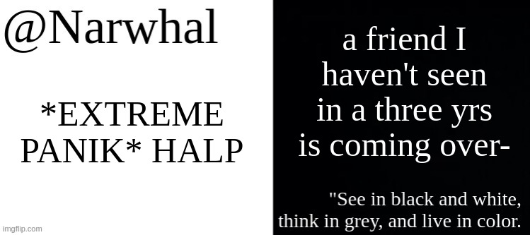 SHE'S 15 NOW AND AEUGH WE USED TO BE CLOSE BUT NOW IT FINNA BE AWKWARD AF | a friend I haven't seen in a three yrs is coming over-; *EXTREME PANIK* HALP | image tagged in narwhal black and white temp | made w/ Imgflip meme maker