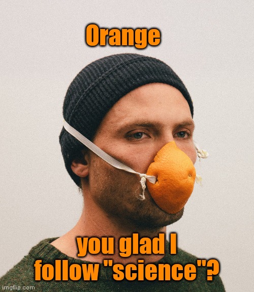 Peeling away the truth | Orange; you glad I follow "science"? | image tagged in orange peel mask,quasi science,covid-19,masks,stupid people,humor | made w/ Imgflip meme maker