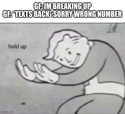 wait a minute.... | GF: IM BREAKING UP
GF: *TEXTS BACK*:SORRY WRONG NUMBER | image tagged in fallout hold up | made w/ Imgflip meme maker