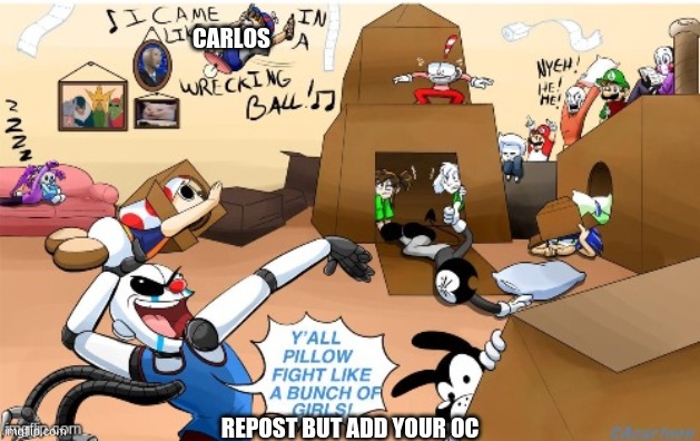 Boys sleepover (cuz why not make it just a single image} | CARLOS; REPOST BUT ADD YOUR OC | image tagged in boys sleepover cuz why not make it just a single image | made w/ Imgflip meme maker