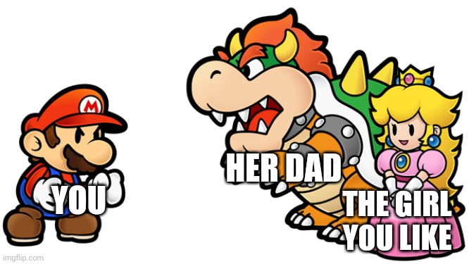 This one seems accurate | HER DAD; YOU; THE GIRL YOU LIKE | image tagged in relationships,family,mario,princess peach,bowser | made w/ Imgflip meme maker