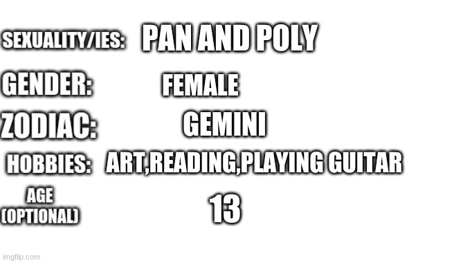 :)) | PAN AND POLY; FEMALE; GEMINI; ART,READING,PLAYING GUITAR; 13 | image tagged in bio template | made w/ Imgflip meme maker