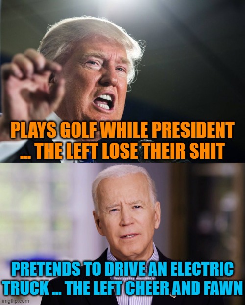 The double standard smells like dookie. | PLAYS GOLF WHILE PRESIDENT ... THE LEFT LOSE THEIR SHIT; PRETENDS TO DRIVE AN ELECTRIC TRUCK ... THE LEFT CHEER AND FAWN | image tagged in donald trump,joe biden 2020 | made w/ Imgflip meme maker