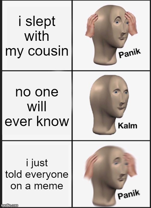Panik Kalm Panik Meme | i slept with my cousin; no one will ever know; i just told everyone on a meme | image tagged in memes,panik kalm panik | made w/ Imgflip meme maker