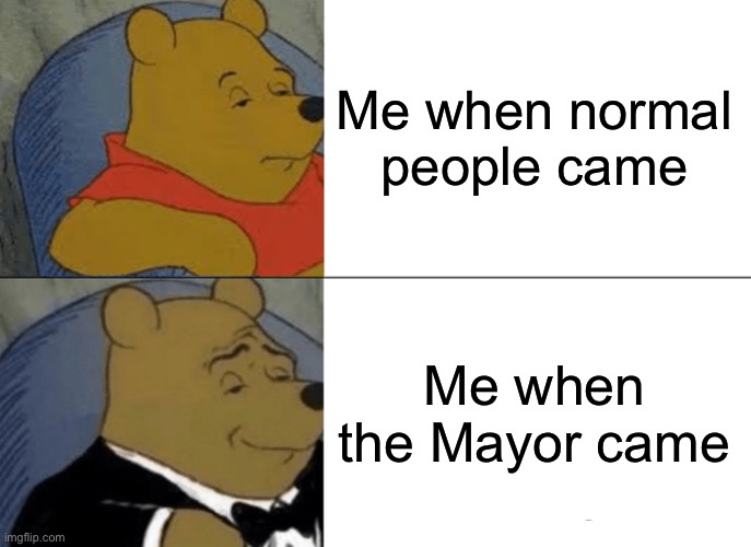 Tuxedo Winnie The Pooh | Me when normal people came; Me when the Mayor came | image tagged in memes,tuxedo winnie the pooh | made w/ Imgflip meme maker