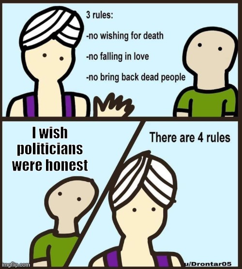 Even genies can't help |  I wish politicians were honest | image tagged in genie wish wishing rules,politician,honest | made w/ Imgflip meme maker
