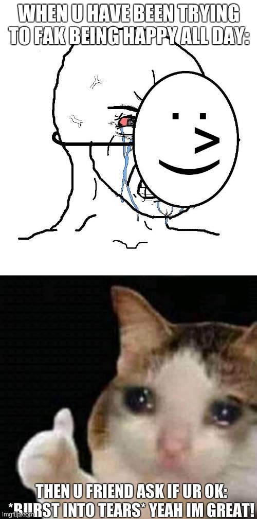 *fake | WHEN U HAVE BEEN TRYING TO FAK BEING HAPPY ALL DAY:; THEN U FRIEND ASK IF UR OK: *BURST INTO TEARS* YEAH IM GREAT! | image tagged in pretending to be happy hiding crying behind a mask,sad thumbs up cat | made w/ Imgflip meme maker