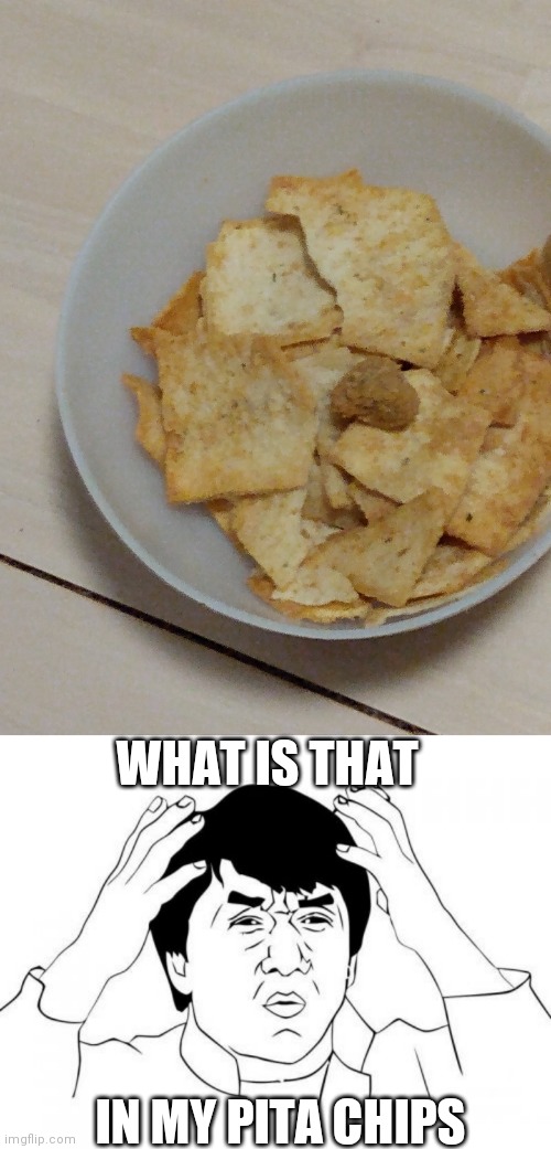 Pita chips | WHAT IS THAT; IN MY PITA CHIPS | image tagged in memes,jackie chan wtf,chips,food | made w/ Imgflip meme maker