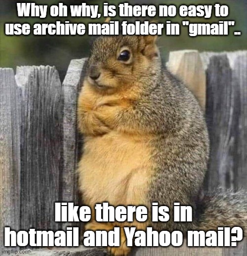 UPvote this if you think a couple of the IDENTICAL "happy squirrel" selections should be removed and this one added. | Why oh why, is there no easy to use archive mail folder in "gmail".. like there is in hotmail and Yahoo mail? | image tagged in squirrel | made w/ Imgflip meme maker