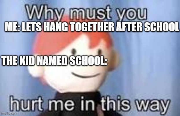 Why must you hurt me in this way | ME: LETS HANG TOGETHER AFTER SCHOOL; THE KID NAMED SCHOOL: | image tagged in why must you hurt me in this way | made w/ Imgflip meme maker