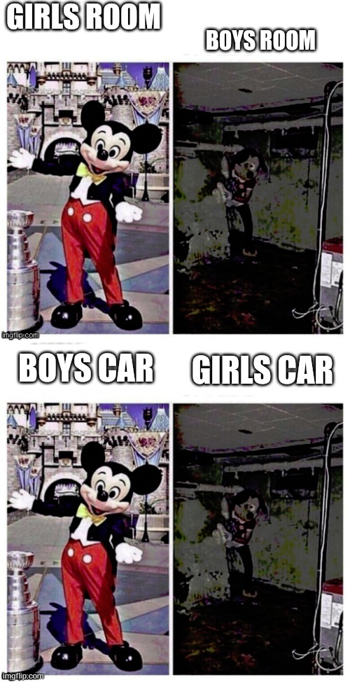 You have to accept this truth. | GIRLS ROOM; BOYS ROOM; GIRLS CAR; BOYS CAR | image tagged in mickey good bad | made w/ Imgflip meme maker