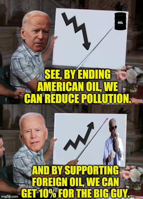 biden explains the thing about pipelines | SEE, BY ENDING AMERICAN OIL, WE CAN REDUCE POLLUTION. AND BY SUPPORTING FOREIGN OIL, WE CAN GET 10% FOR THE BIG GUY. | image tagged in joe biden explains the thing,pipeline,election fraud,traitor,america | made w/ Imgflip meme maker
