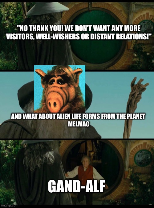 Gandalf | "NO THANK YOU! WE DON'T WANT ANY MORE VISITORS, WELL-WISHERS OR DISTANT RELATIONS!"; AND WHAT ABOUT ALIEN LIFE FORMS FROM THE PLANET 
MELMAC; GAND-ALF | image tagged in gandalf | made w/ Imgflip meme maker