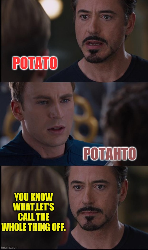Marvel Civil War | POTATO; POTAHTO; YOU KNOW WHAT,LET'S CALL THE WHOLE THING OFF. | image tagged in marvel civil war,iron man,captain america,potato | made w/ Imgflip meme maker