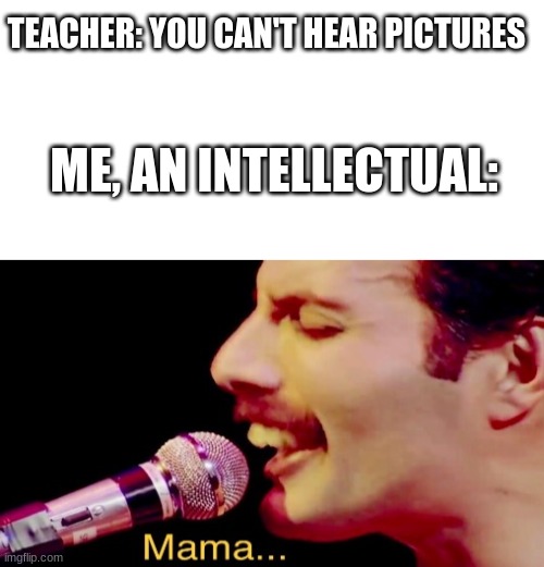 TEACHER: YOU CAN'T HEAR PICTURES; ME, AN INTELLECTUAL: | image tagged in blank white template | made w/ Imgflip meme maker