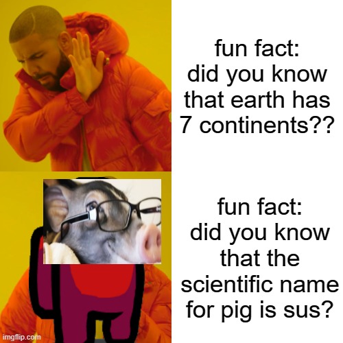 Drake Hotline Bling | fun fact: did you know that earth has 7 continents?? fun fact: did you know that the scientific name for pig is sus? | image tagged in memes,drake hotline bling | made w/ Imgflip meme maker