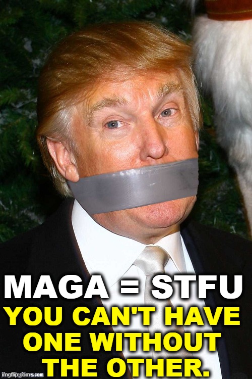 Stop talking about yourself, Donald. We have more important things to worry about. | YOU CAN'T HAVE 
ONE WITHOUT 
THE OTHER. MAGA = STFU | image tagged in trump duct tape maga stfu,trump,selfish,endless,talking,ego | made w/ Imgflip meme maker