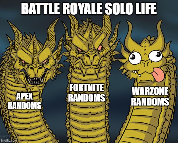 Three-headed Dragon | BATTLE ROYALE SOLO LIFE; FORTNITE RANDOMS; WARZONE RANDOMS; APEX RANDOMS | image tagged in three-headed dragon | made w/ Imgflip meme maker