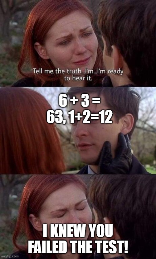 Tell me the truth, I'm ready to hear it | 6 + 3 = 63, 1+2=12; I KNEW YOU FAILED THE TEST! | image tagged in tell me the truth i'm ready to hear it | made w/ Imgflip meme maker