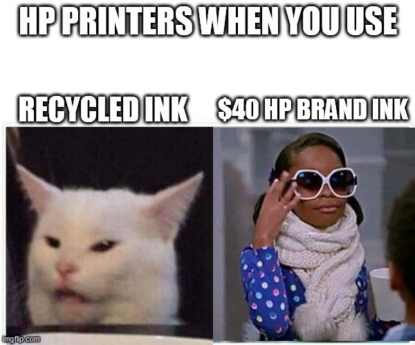 HP Printers When You... | HP PRINTERS WHEN YOU USE; $40 HP BRAND INK; RECYCLED INK | image tagged in hp,printer,smudge,cat,queen,computers | made w/ Imgflip meme maker