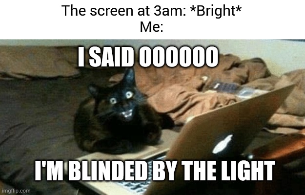 hehe | The screen at 3am: *Bright*
Me:; I SAID OOOOOO; I'M BLINDED BY THE LIGHT | image tagged in i said ooooo,im blinded by the light,no i can sleep,until i feel your touch | made w/ Imgflip meme maker