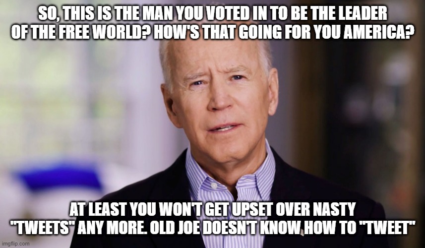 Joe Biden 2020 | SO, THIS IS THE MAN YOU VOTED IN TO BE THE LEADER OF THE FREE WORLD? HOW'S THAT GOING FOR YOU AMERICA? AT LEAST YOU WON'T GET UPSET OVER NASTY "TWEETS" ANY MORE. OLD JOE DOESN'T KNOW HOW TO "TWEET" | image tagged in joe biden 2020 | made w/ Imgflip meme maker