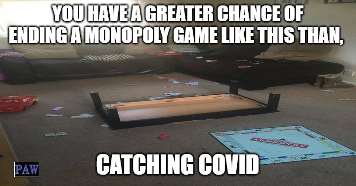 Covid monopoly | YOU HAVE A GREATER CHANCE OF ENDING A MONOPOLY GAME LIKE THIS THAN, CATCHING COVID | image tagged in monopoly,covid,funny | made w/ Imgflip meme maker