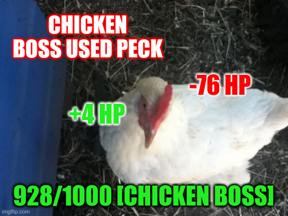 A boss Fight | CHICKEN BOSS USED PECK; -76 HP; +4 HP; 928/1000 [CHICKEN BOSS] | image tagged in angry chicken boss,image,chicken,chick,boss fight,hen | made w/ Imgflip meme maker