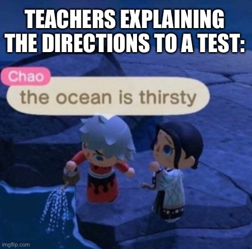 Teachers | TEACHERS EXPLAINING THE DIRECTIONS TO A TEST: | image tagged in the ocean is thirsty | made w/ Imgflip meme maker