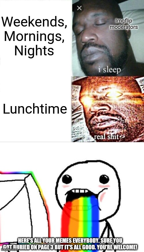 That's OK. I didn't want people to see my submitted memes anyways. | Imgflip moderators; Weekends, Mornings, Nights; Lunchtime; HERE'S ALL YOUR MEMES EVERYBODY. SURE YOU GOT BURIED ON PAGE 3 BUT IT'S ALL GOOD. YOU'RE WELCOME! | image tagged in memes,sleeping shaq,rainbow puke,imgflip,moderators,wake up | made w/ Imgflip meme maker
