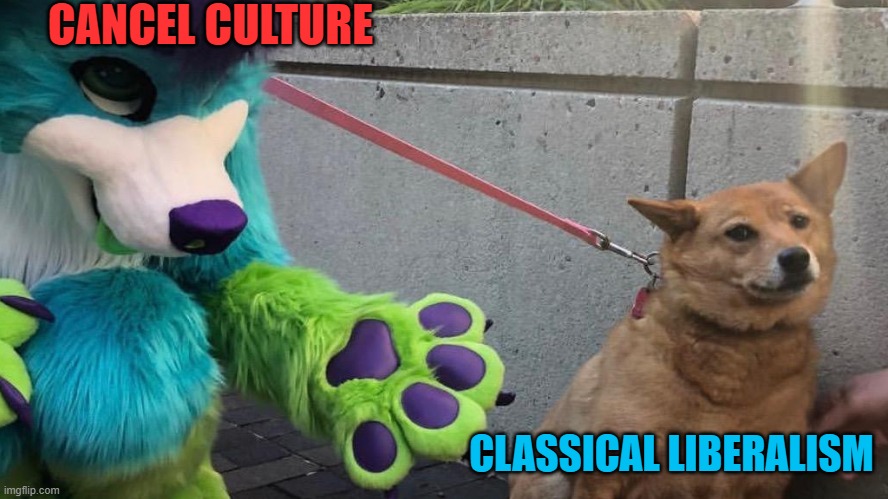 Dog vs Furry | CANCEL CULTURE; CLASSICAL LIBERALISM | image tagged in furry scaring dog,cancel culture,political correctness,classical,liberalism | made w/ Imgflip meme maker