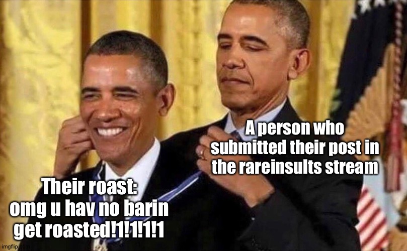 obama medal | A person who submitted their post in the rareinsults stream; Their roast: omg u hav no barin get roasted!1!1!1!1 | image tagged in obama medal | made w/ Imgflip meme maker