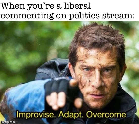 Brave is the soul who enters the wild | When you’re a liberal commenting on politics stream: | image tagged in bear grylls improvise adapt overcome,bear grylls,imgflip humor,meanwhile on imgflip,politics lol,politics | made w/ Imgflip meme maker