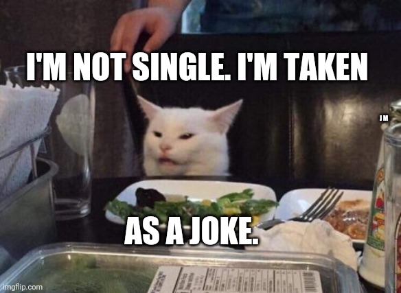 Salad cat | I'M NOT SINGLE. I'M TAKEN; J M; AS A JOKE. | image tagged in salad cat | made w/ Imgflip meme maker