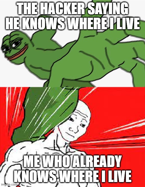 Pepe punch | THE HACKER SAYING HE KNOWS WHERE I LIVE; ME WHO ALREADY KNOWS WHERE I LIVE | image tagged in pepe punch vs dodging wojak | made w/ Imgflip meme maker