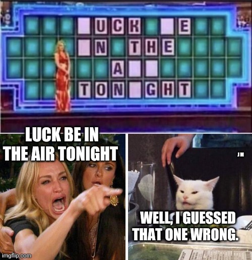 LUCK BE IN THE AIR TONIGHT; J M; WELL, I GUESSED THAT ONE WRONG. | image tagged in smudge the cat | made w/ Imgflip meme maker