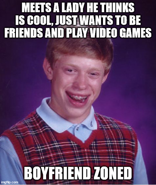 Well well well, how the turn tables.... | MEETS A LADY HE THINKS IS COOL, JUST WANTS TO BE FRIENDS AND PLAY VIDEO GAMES; BOYFRIEND ZONED | image tagged in memes,bad luck brian,friend,lady,cool,video games | made w/ Imgflip meme maker