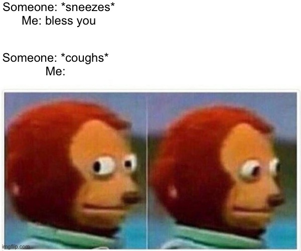 Monkey Puppet | Someone: *sneezes*
Me: bless you; Someone: *coughs*
Me: | image tagged in memes,monkey puppet | made w/ Imgflip meme maker