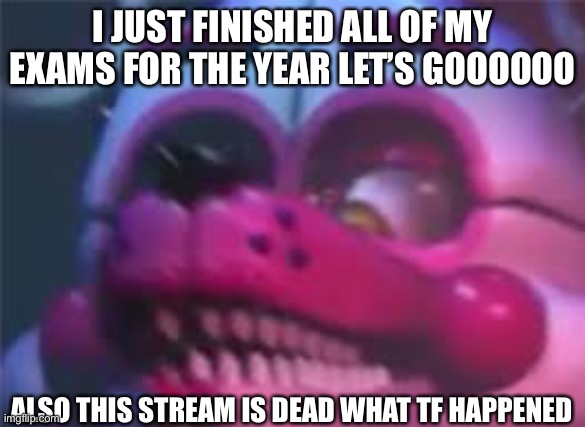 Ayyyyyy | I JUST FINISHED ALL OF MY EXAMS FOR THE YEAR LET’S GOOOOOO; ALSO THIS STREAM IS DEAD WHAT TF HAPPENED | image tagged in fnaf | made w/ Imgflip meme maker