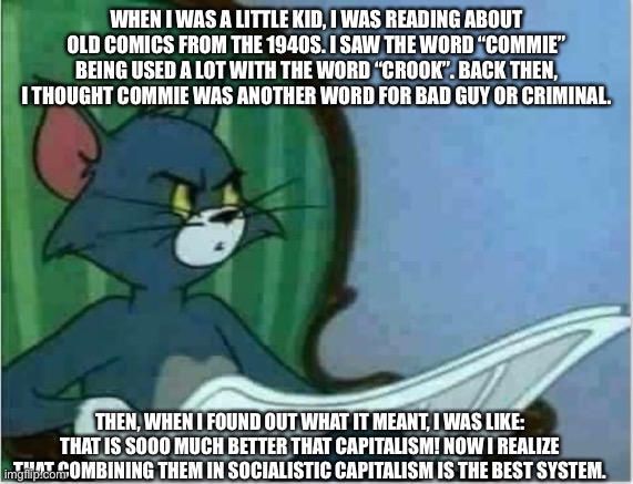 Interrupting Tom's Read | WHEN I WAS A LITTLE KID, I WAS READING ABOUT OLD COMICS FROM THE 1940S. I SAW THE WORD “COMMIE” BEING USED A LOT WITH THE WORD “CROOK”. BACK THEN, I THOUGHT COMMIE WAS ANOTHER WORD FOR BAD GUY OR CRIMINAL. THEN, WHEN I FOUND OUT WHAT IT MEANT, I WAS LIKE: THAT IS SOOO MUCH BETTER THAT CAPITALISM! NOW I REALIZE THAT COMBINING THEM IN SOCIALISTIC CAPITALISM IS THE BEST SYSTEM. | image tagged in interrupting tom's read | made w/ Imgflip meme maker