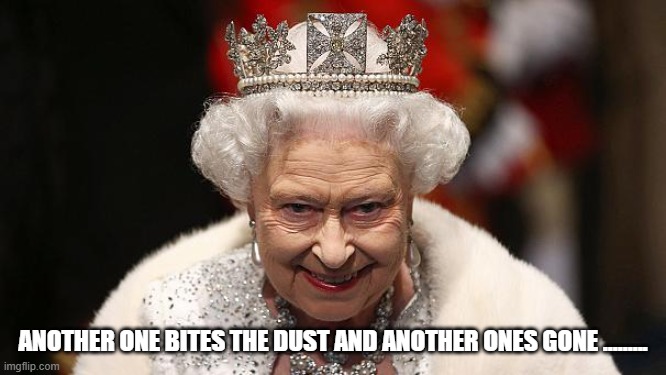 the queen | ANOTHER ONE BITES THE DUST AND ANOTHER ONES GONE ......... | image tagged in the queen | made w/ Imgflip meme maker