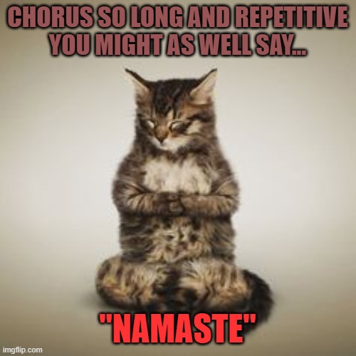 Cat Namaste | CHORUS SO LONG AND REPETITIVE YOU MIGHT AS WELL SAY... "NAMASTE" | image tagged in cat namaste | made w/ Imgflip meme maker