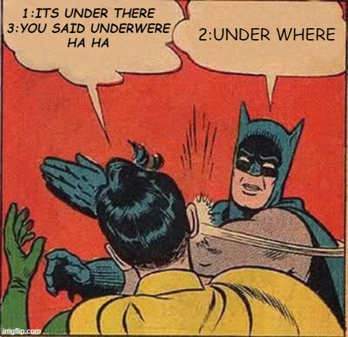 The stolen diamond | 1:ITS UNDER THERE
3:YOU SAID UNDERWERE
HA HA; 2:UNDER WHERE | image tagged in memes,batman slapping robin | made w/ Imgflip meme maker