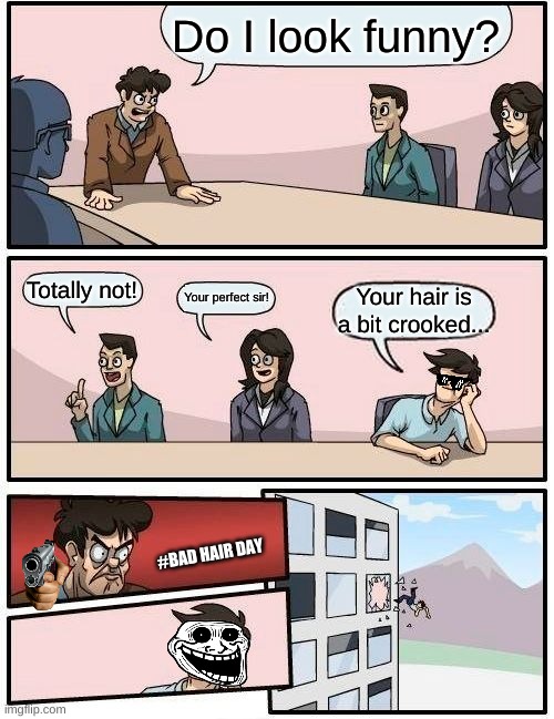 Bad hair day... | Do I look funny? Totally not! Your perfect sir! Your hair is a bit crooked... #BAD HAIR DAY | image tagged in memes,boardroom meeting suggestion | made w/ Imgflip meme maker