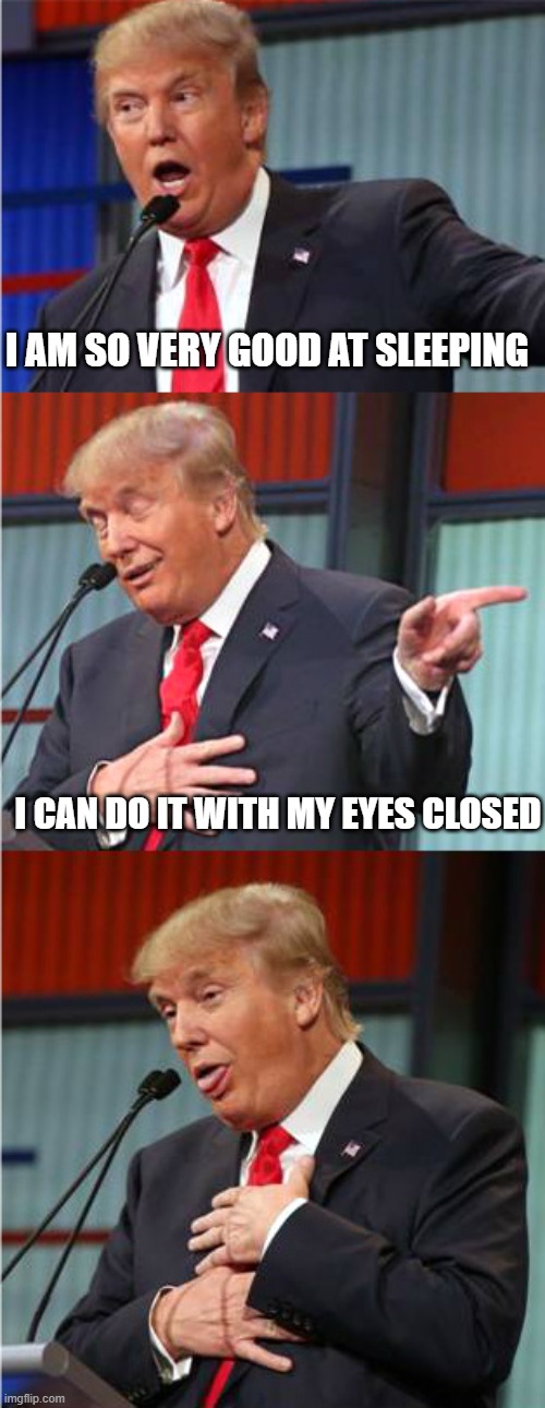 Bad Pun Trump | I AM SO VERY GOOD AT SLEEPING; I CAN DO IT WITH MY EYES CLOSED | image tagged in bad pun trump | made w/ Imgflip meme maker
