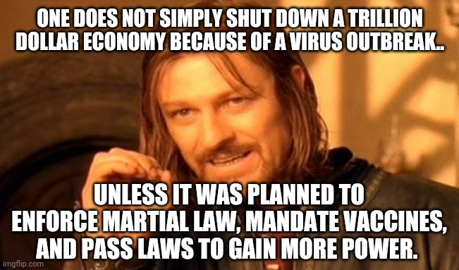 The agenda. | ONE DOES NOT SIMPLY SHUT DOWN A TRILLION DOLLAR ECONOMY BECAUSE OF A VIRUS OUTBREAK.. UNLESS IT WAS PLANNED TO ENFORCE MARTIAL LAW, MANDATE VACCINES, AND PASS LAWS TO GAIN MORE POWER. | image tagged in memes | made w/ Imgflip meme maker