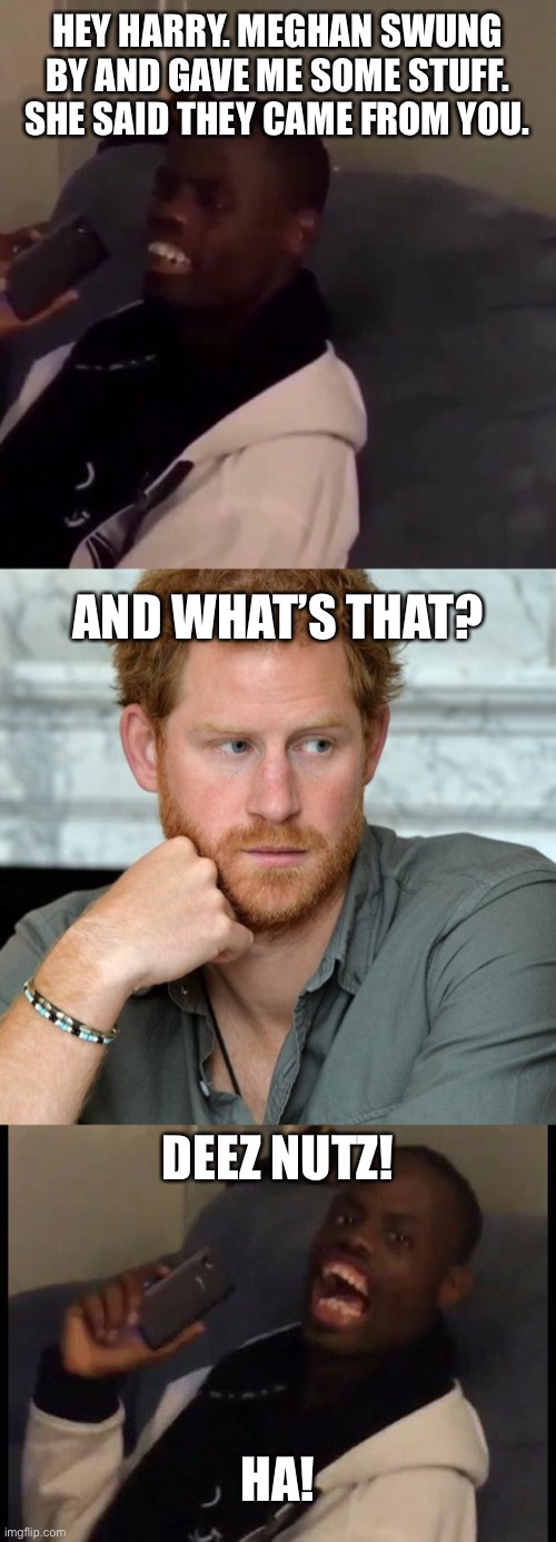 Harry lost deez nutz | HEY HARRY. MEGHAN SWUNG BY AND GAVE ME SOME STUFF. SHE SAID THEY CAME FROM YOU. AND WHAT’S THAT? DEEZ NUTZ! HA! | image tagged in deez nutz,prince harry,memes,meghan markle,men and women,balls | made w/ Imgflip meme maker