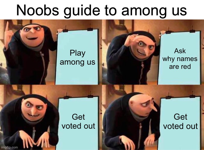 What every noob literally does | Noobs guide to among us; Play among us; Ask why names are red; Get voted out; Get voted out | image tagged in memes,gru's plan | made w/ Imgflip meme maker