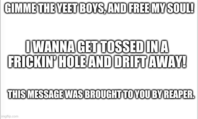 Mood. | GIMME THE YEET BOYS, AND FREE MY SOUL! I WANNA GET TOSSED IN A FRICKIN' HOLE AND DRIFT AWAY! THIS MESSAGE WAS BROUGHT TO YOU BY REAPER. | image tagged in white background | made w/ Imgflip meme maker